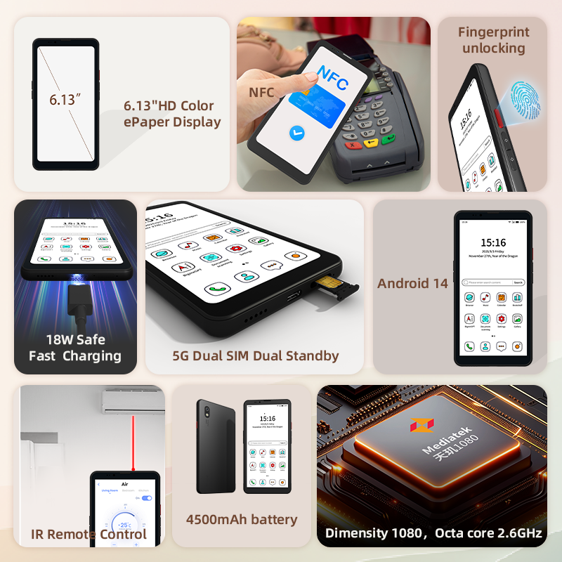 Android 14 Hibreak pro Color 6'' E ink Eye-Friendly Smartphone with 4G&5G connection