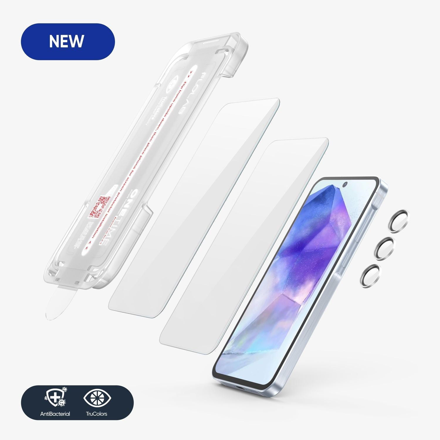 FLOLAB NanoArmour ONETIME for Galaxy A55: 2 Screen Protectors, 1 Silver Lens Glass - Ultra Clear