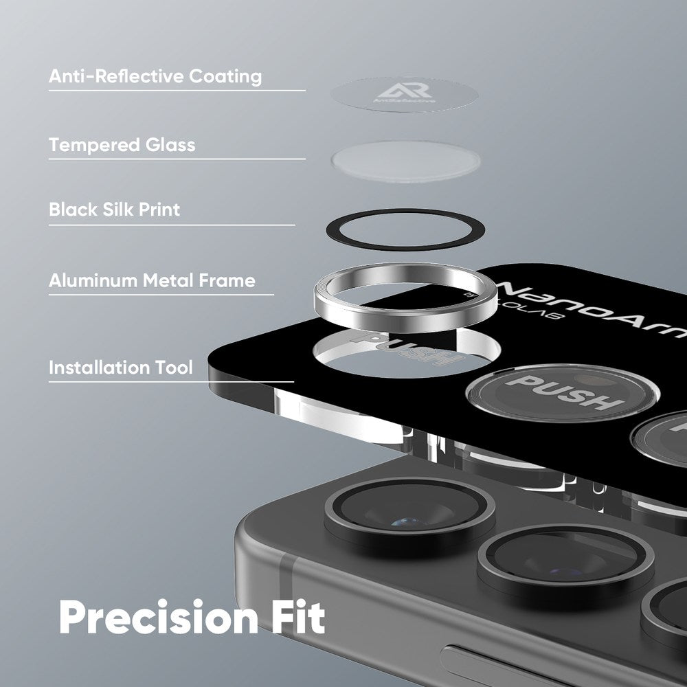 FLOLAB NanoArmour for Samsung Galaxy S25 Camera Lens Protector, Tempered Glass, Aluminum Camera Ring, Anti Reflective TruColors Crystal Clear - 2 Color Options